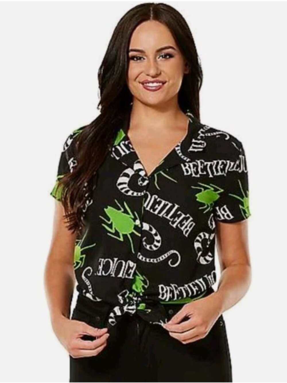 Beetlejuice Women's Black & Green Tie-Hem Button Down Shirt Size Large